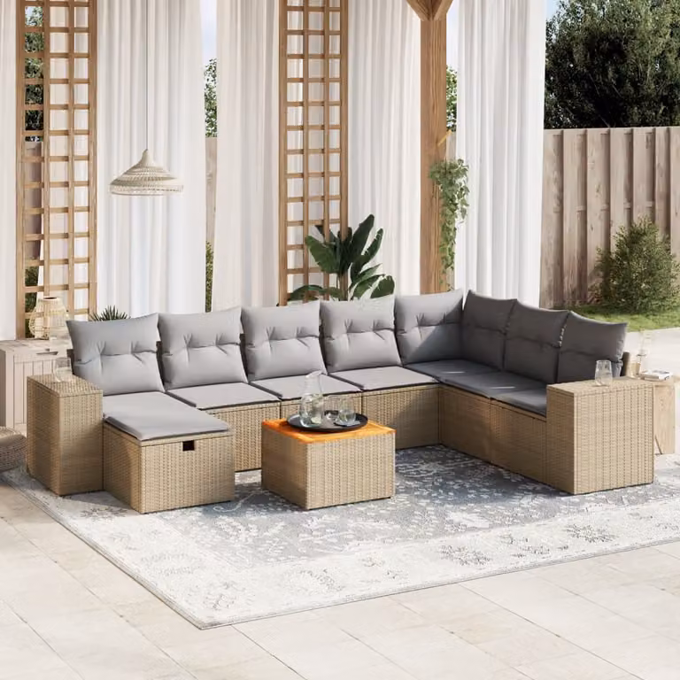 vidaXL Set Divano da Giardino a L 9 pz con Cuscini Beige e Grigio in Polyrattan e Acciaio
