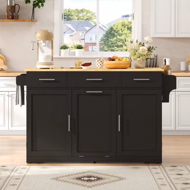 Carrello da cucina con 3 cassetti, 2 ripiani anta, vano pattumiera e prese, nero naturale, 136 × 50 (75) × 92 cm