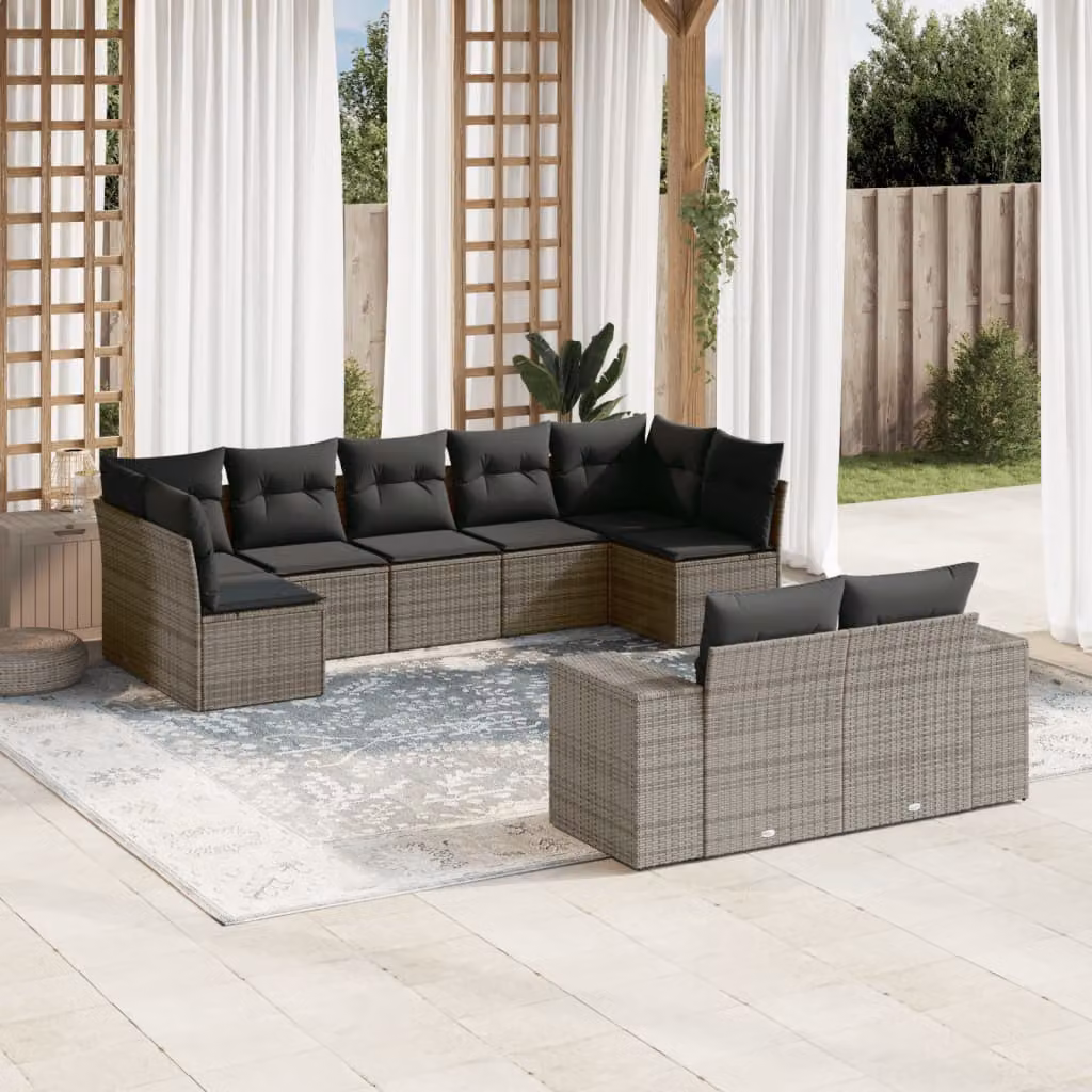 vidaXL Set Divano da Giardino 9 pz a Forma a U Grigio con Cuscini in Polyrattan e Acciaio – 1