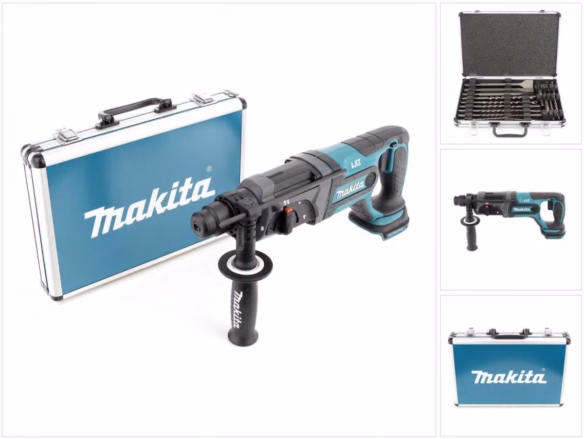 Makita DHR 241 18 V Li-ion trapano a percussione a batteria con mandrino SDS-Plus solo + Makita D-42444 SDS-Plus set di scalpelli 17 pezzi in valigetta di alluminio