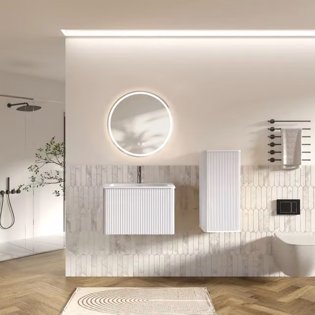Set di mobili bagno sospesi con lavabo in superficie minerale, specchio LED rotondo e colonna laterale bianca