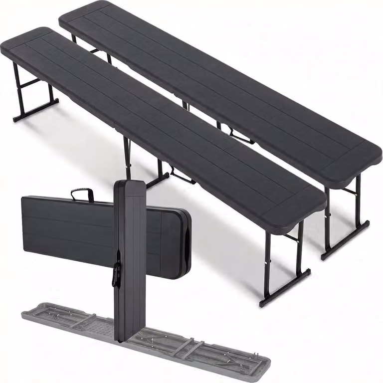 Set di 2 panche pieghevoli – Panche da giardino e da campeggio pieghevoli – 183 cm – Plastica HDPE – Struttura in metallo – Maniglia per il trasporto – Capacità di carico fino a 500 kg – Grigio scuro