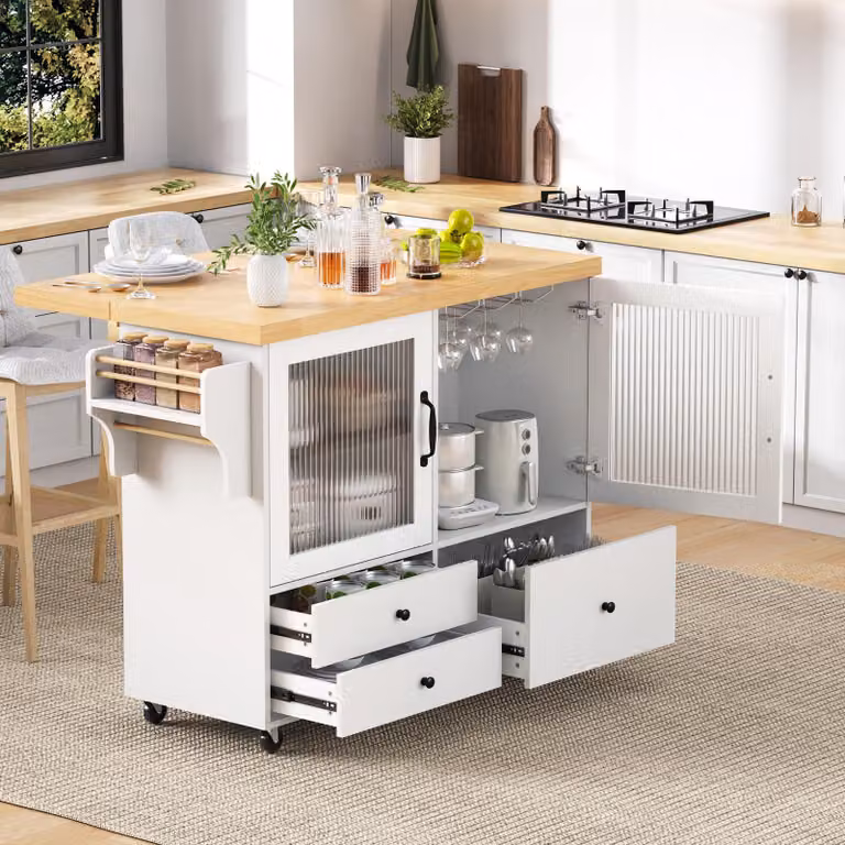 MODFU Tavolo bar a isola mobile da cucina con modalità doppia, mobile laterale con rotelle e tavolo da pranzo allungabile, carrello da cucina con portabicchieri da vino, bianco