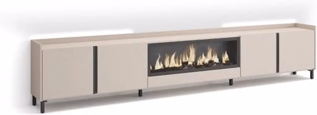 Mobile TV Soggiorno, 315x61x35 cm, Per TV fino a 80", Camino elettrico XXL, Design industriale, LED, Beige