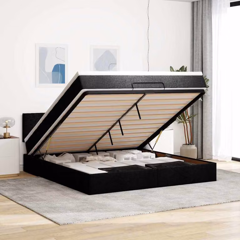 vidaXL Struttura Letto con Materasso e Contenitore a Scomparsa in Tessuto Nero L/P/H: 180 x 200 cm