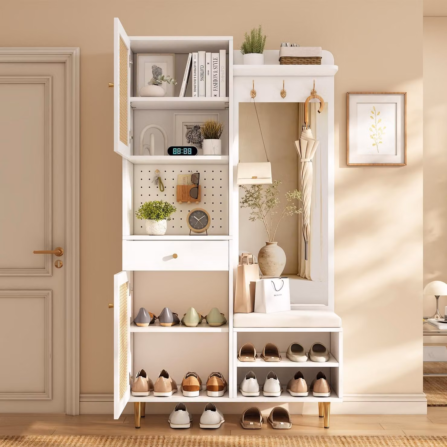 Set di mobili per l'ingresso di Flieks, completo di scaffale per scarpe, specchio, ganci e armadietto per scarpe, comò con ante in rattan, cassetto e pannello forato, colore bianco e naturale, dimensioni 99x35x180 cm, materiale: pannello di fibra a media
