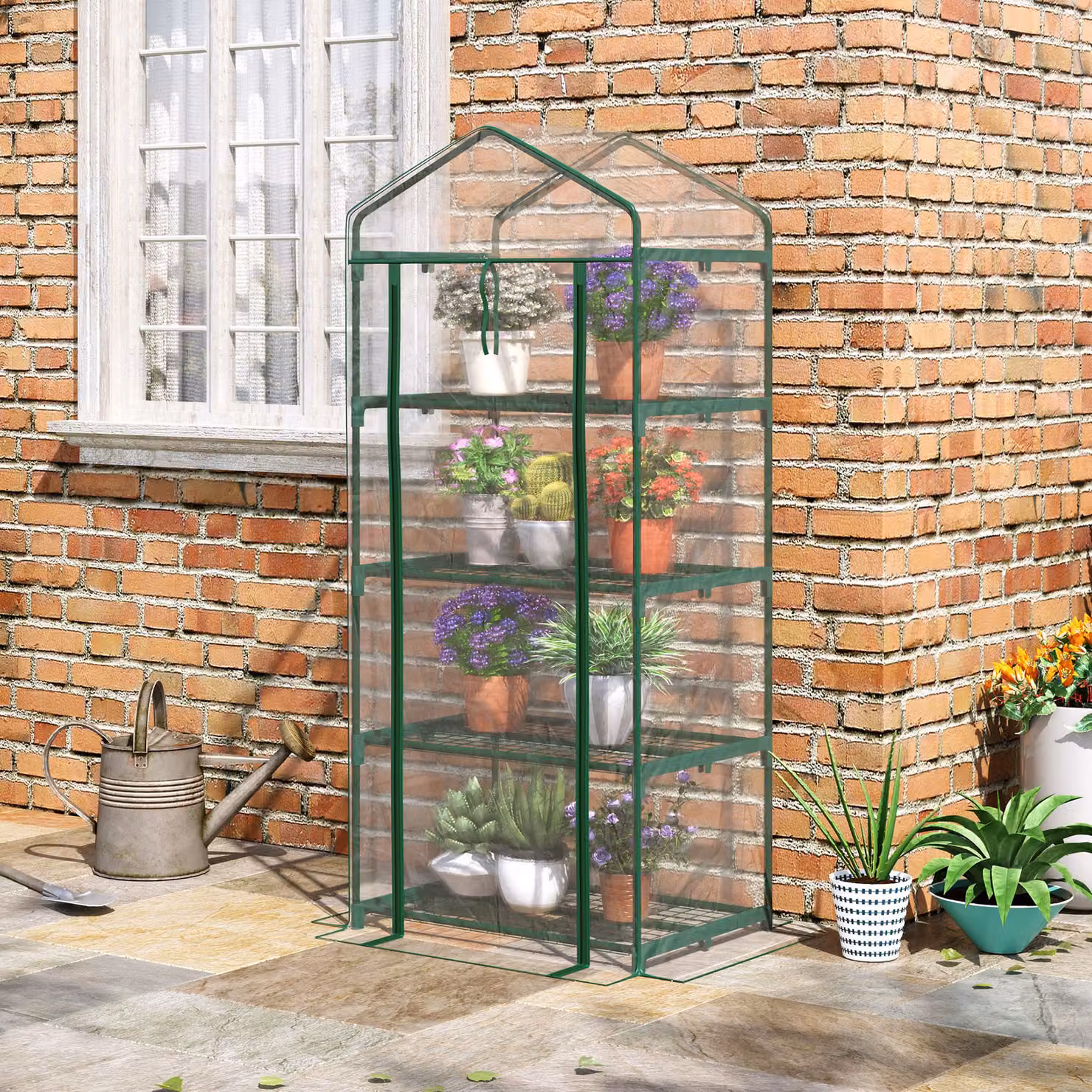 Outsunny Serra per Orto Verticale con 4 Ripiani, Porta Avvolgibile e Copertura in PVC Trasparente, L/P/H: 70 x 50 x 160 cm, Verde scuro – 2
