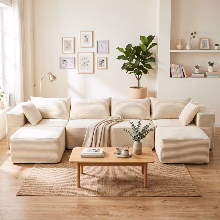 Divano letto angolare modulare Costway a forma di L con 2 pouf, 6 cuscini e tasche laterali, modello moderno beige a righe per il tuo soggiorno