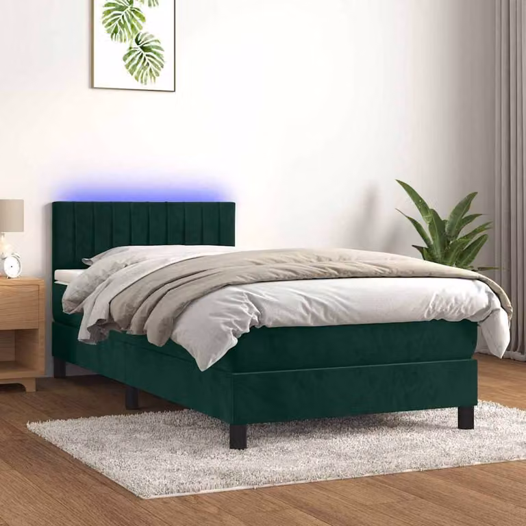 vidaXL Letto Ibrido con Materasso e Illuminazione LED in Velluto Verde Scuro L: 190 cm, P: 90 cm