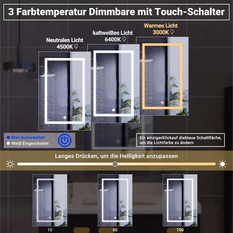Specchio da bagno con illuminazione LED a 3 colori, dimensioni 50x70 cm, con 1 anta, ripiano in vetro e interruttore touch. Interruttore touch con funzione di memoria, colore bianco