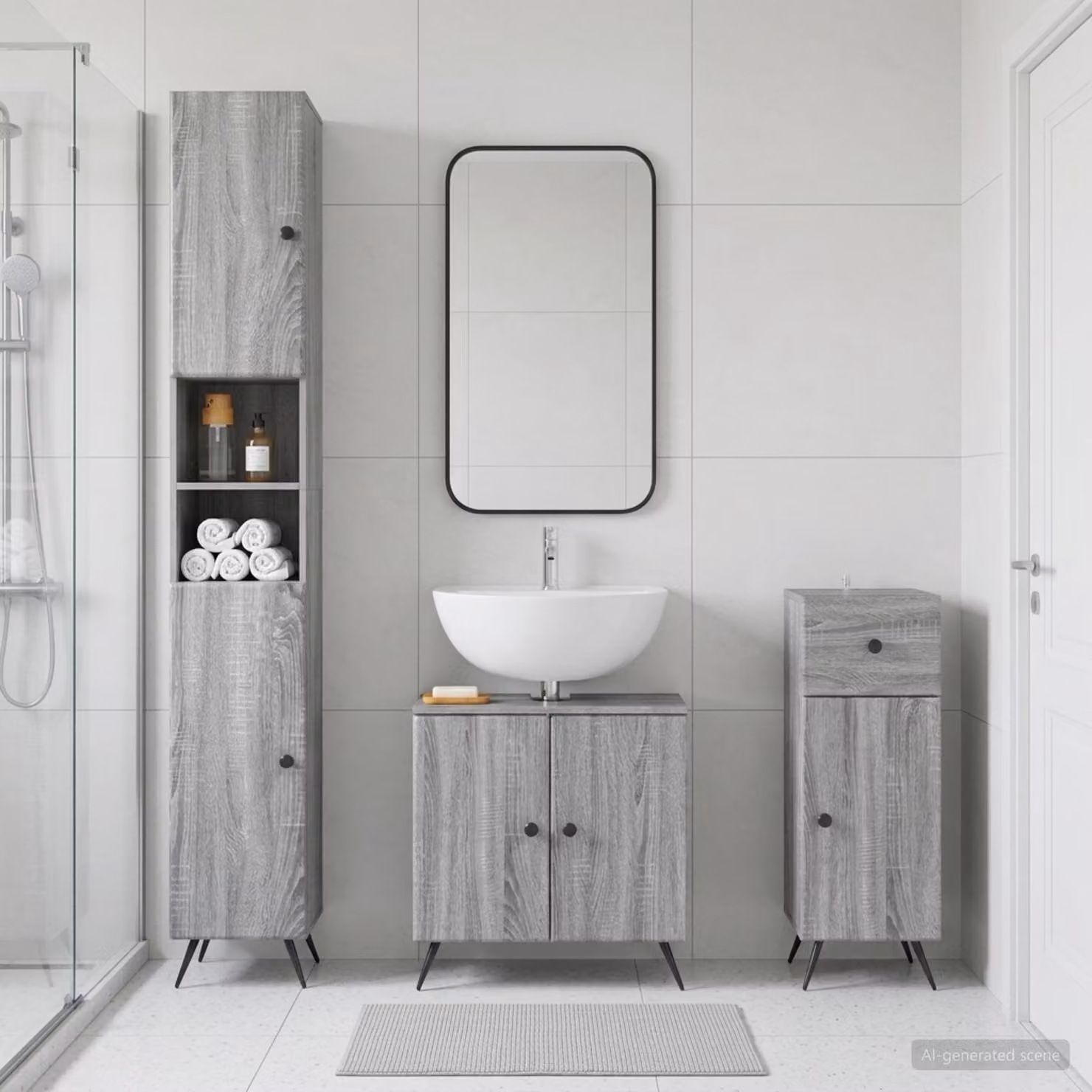 Set di armadietti da bagno 3 pezzi vidaXL BREDA Sonoma grigio con mobile alto, mobile lavabo e mobile laterale in legno opaco