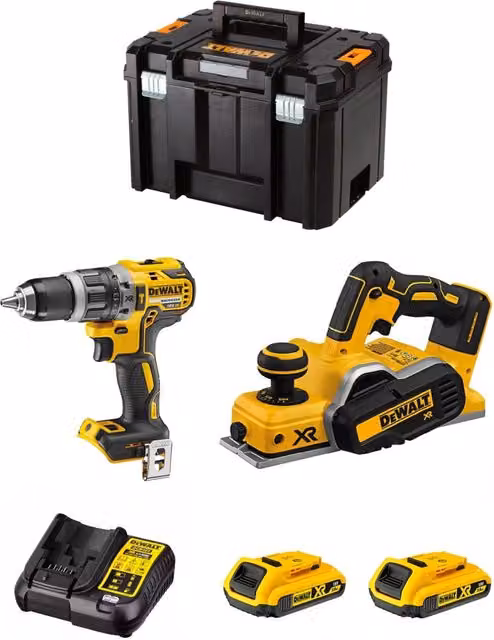 Kit DeWALT DWK207 con trapano avvitatore DCD796, seghetto alternativo DCP580, 2 batterie ricaricabili da 2,0 Ah, caricabatterie DCB107 e sistema di contenimento TSTAK VI, colore giallo