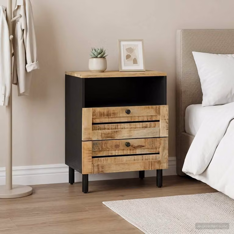 Comodino moderno vidaXL in legno di mango massello, Marrone e Nero, L: 50 cm, P: 33 cm, H: 60 cm