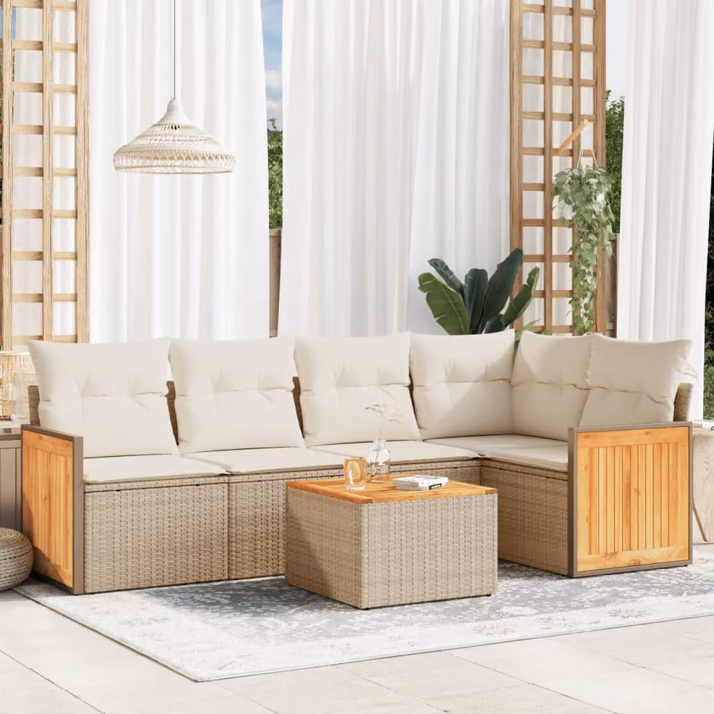vidaXL Set Divano da Giardino a L 6 pz in Polyrattan con Cuscini Beige e Tavolino da Esterno