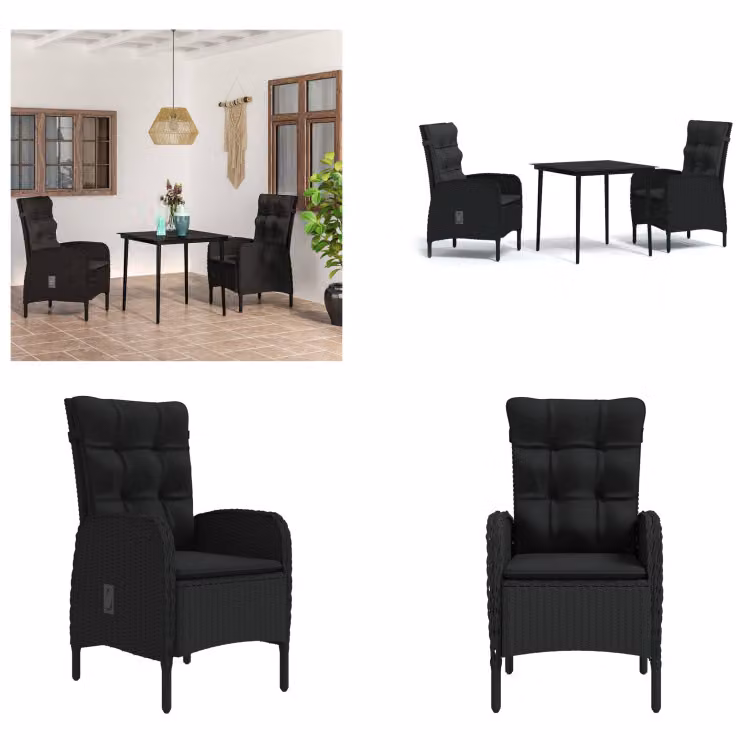 vidaXL Set da pranzo da giardino 3 pezzi con cuscini nero - Set da pranzo da giardino - Set da pranzo da giardino - Set di mobili da giardino - Set di mobili da giardino