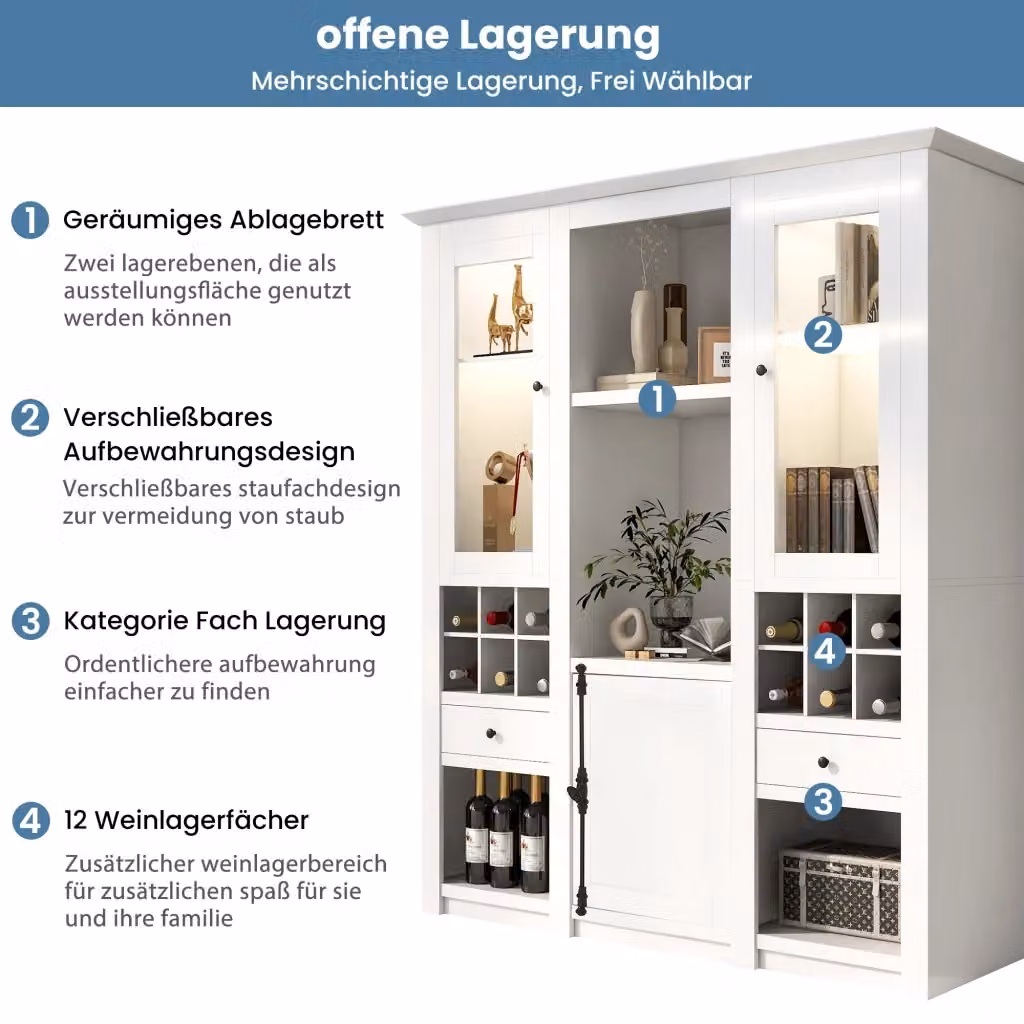 Vetrina REDOM moderna in MDF bianco con illuminazione LED integrata e ante a battente, L: 143 cm, P: 45,5 cm, H: 170 cm – 2