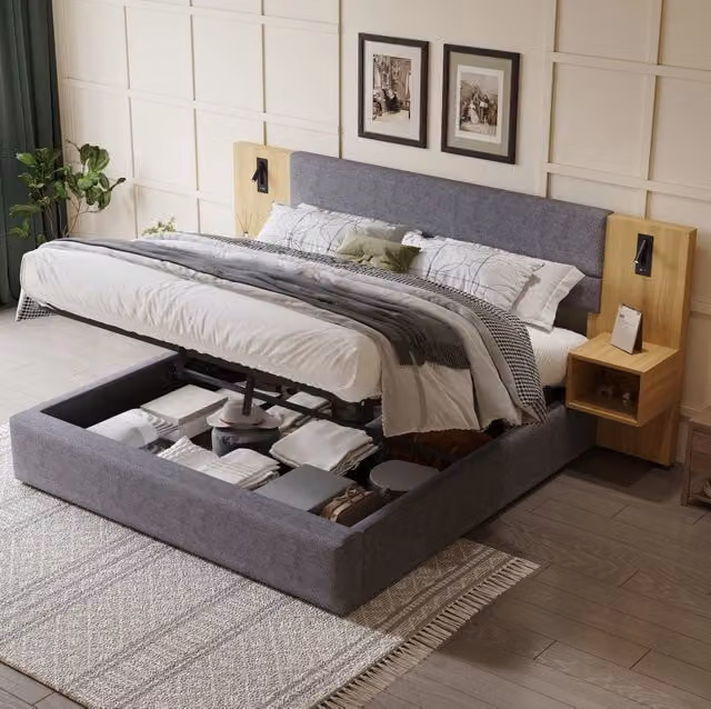 Letto contenitore in velluto grigio 243,5x205x103 cm con 2 comodini, USB e luci –