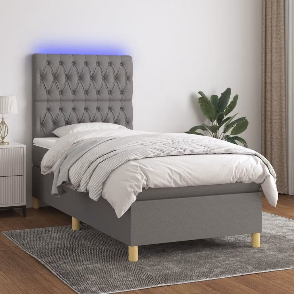 The Living Store Letto a molle con materasso e LED in tessuto grigio scuro 90x200 cm