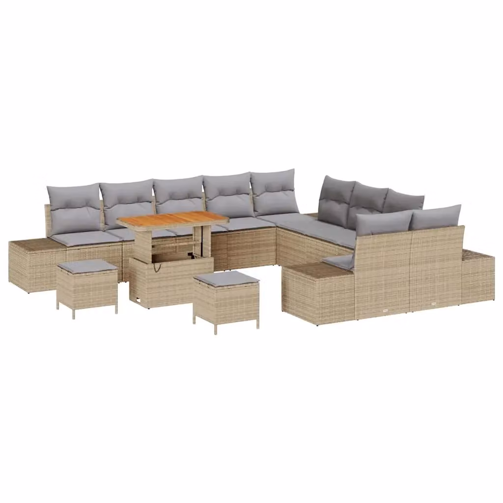 Set Divano da Giardino Moderno vidaXL a Forma a U con 13 Pezzi, Colore Beige, con Cuscini e Tavolino da Caffè, Struttura in Acciaio e Legno di Acacia – 2
