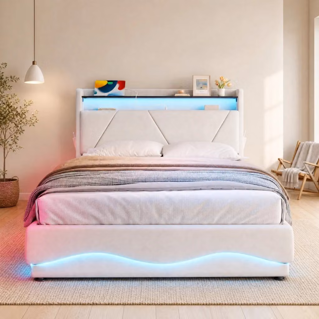 Letto contenitore MODFU in velluto beige con illuminazione LED, testiera con mensola e porte USB e Type-C, L/P: 160 x 200 cm – 2