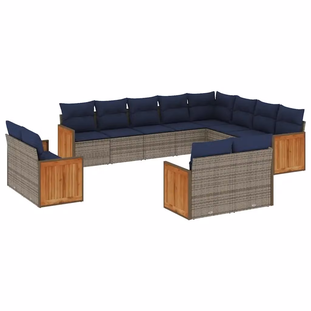 Set di divani da giardino a forma di U vidaXL in rattan e legno di acacia con cuscini grigi e blu – 2