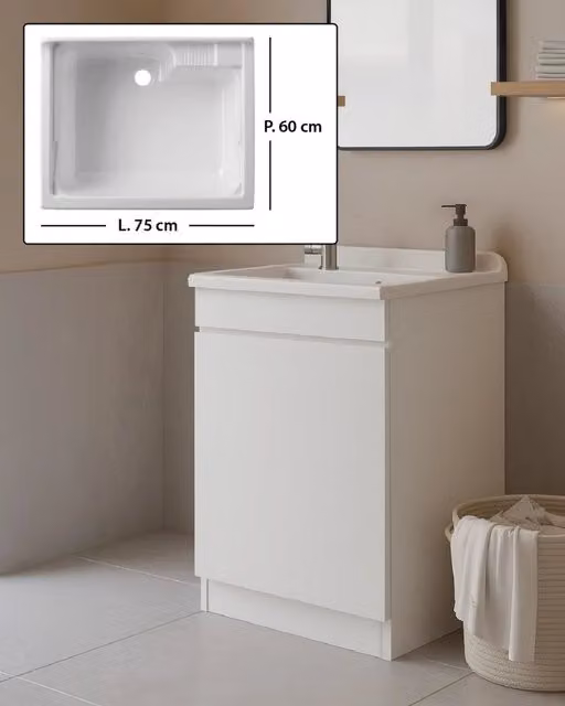 Mobile Lavatoio in legno Nobilitato Bianco con uno sportello e pilozzo lavabo in resina x lavanderia bagno Dimensioni (Larghezza x Profondità): L 75 x P 60 cm