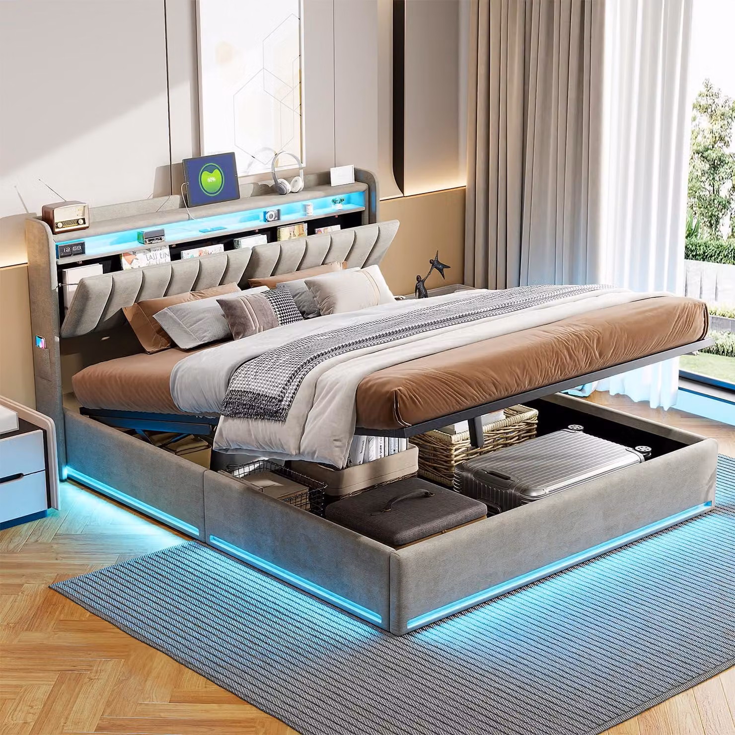 UnboxG Letto matrimoniale in velluto grigio 140x190 cm con contenitore, illuminazione LED RGB e funzione di ricarica USB-C - letto imbottito con ripiano sulla testata e porta USB integrata