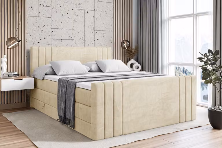 Letto boxspring ALTDECOR con pediera, 2 materassi e topper - 160x200 cm - IDRIKO-Z KING - Velluto beige - Letto imbottito con materassi H3 e H4, contenitore e rete a doghe, letto con contenitore