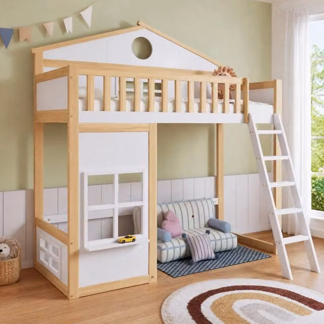 Letto per bambini con scala; tetto e finestre; 90x200 cm; pino e MDF; bianco e naturale