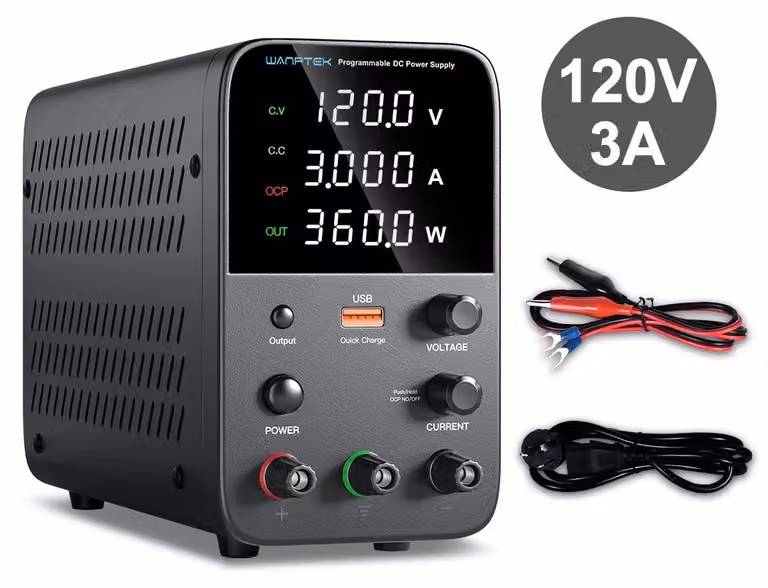 Alimentazione, tensione regolabile, display digitale, uscita 120V 3A