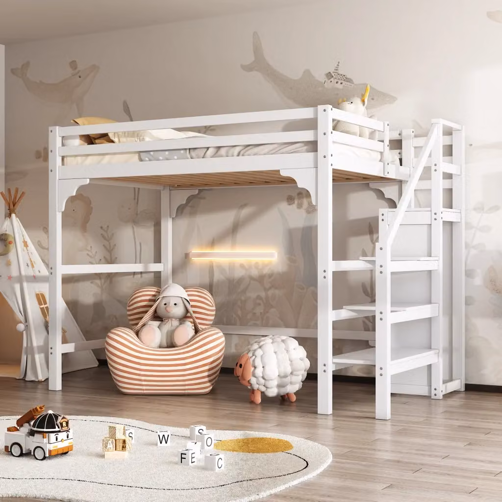 Letto a castello elevato REDOM in pino e MDF bianco con armadio e scala contenitore L/P/H: 245 x 140 x 175 cm – 2