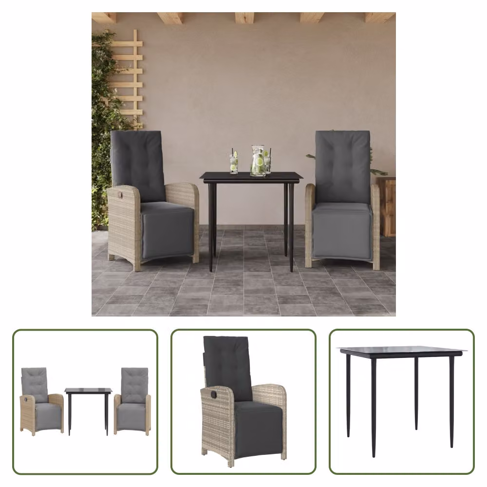 The Living Store Set bistrot 3 pezzi con cuscini in poly rattan grigio chiaro