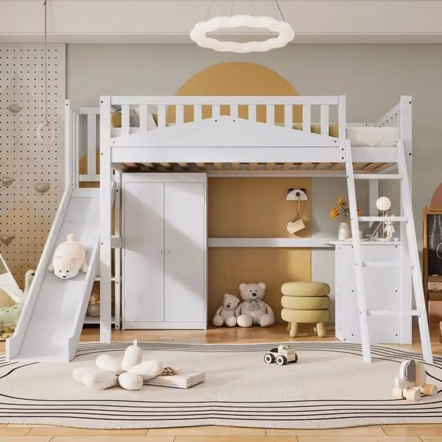 Letto a castello bianco 90x200 cm per bambini con scivolo, scrivania, armadio e mensole, certificato EN747