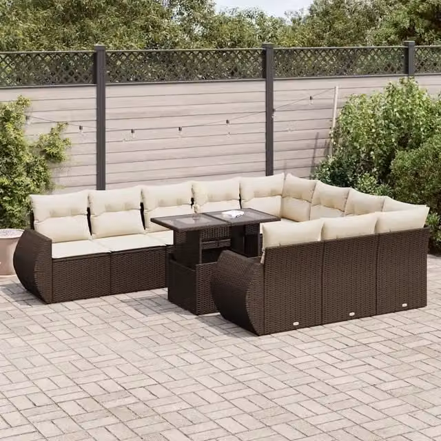 Set di divani da giardino vidaXL composto da 11 pezzi con cuscini in rattan marrone e bianco per esterno e terrazza