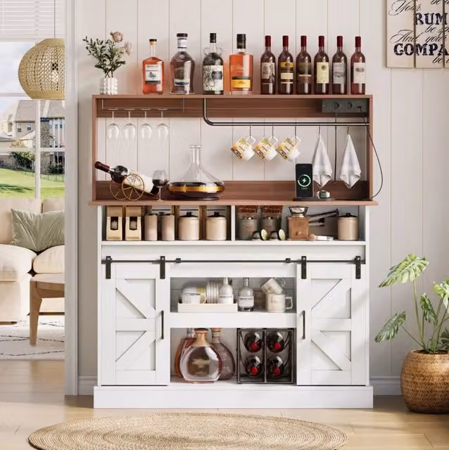 Credenza bar caff猫 in stile country 120x40x130 cm in MDF bianco e naturale