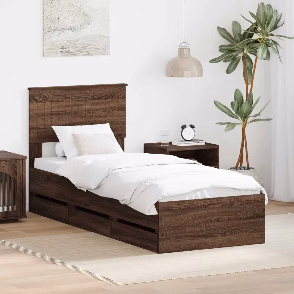 Letto singolo moderno con cassetto in rovere marrone L 75 cm x P 190 cm – 2