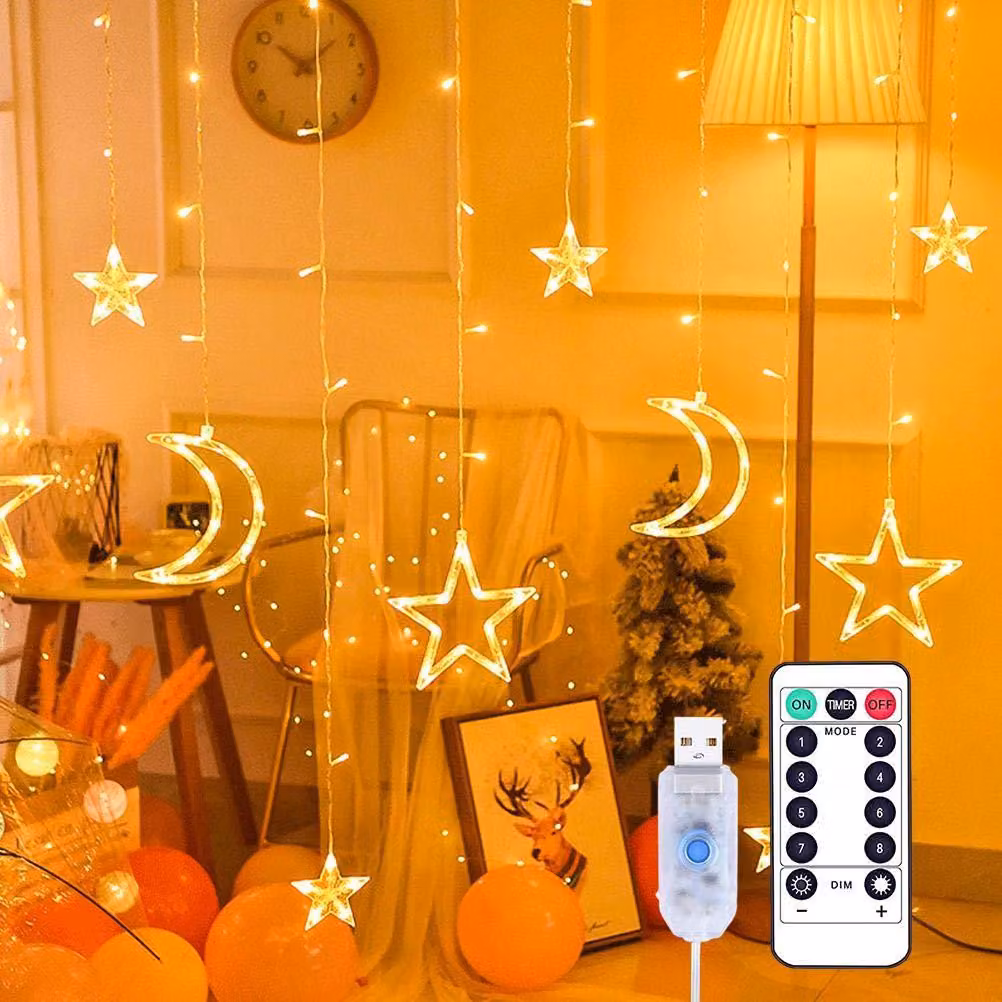 Catena luminosa a LED con stelle e luna, lunghezza 3,5 metri, grado di protezione IP55, con telecomando