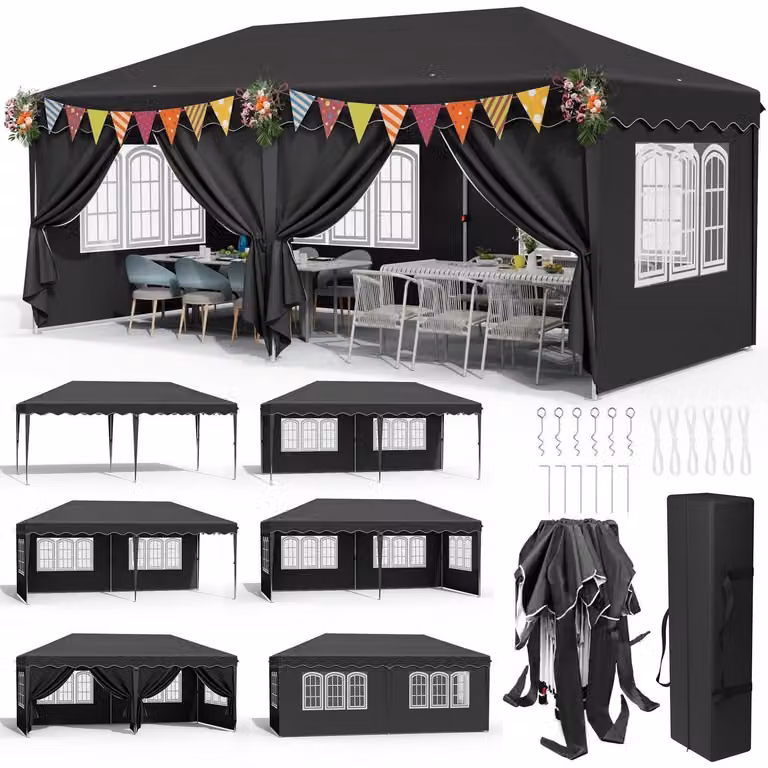 Gazebo da esterno 3x6 metri, impermeabile, con protezione UV 50+, 6 pannelli laterali, altezza regolabile, colore nero