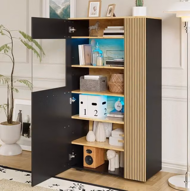 Mobile contenitore ULEVR 80x40x146 cm con anta in vetro, LED a 16 colori e 5 ripiani, nero e legno naturale