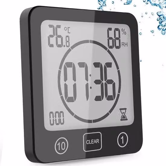 Timer digitale per doccia con igrometro e termometro, valvola da 1 pollice, allarme LCD, per bagno e doccia - nero.