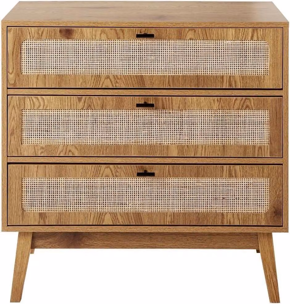 Calicosy - Cassettiera con 3 cassetti, frontali in rattan e gambe in legno, L80 cm - ALIA
