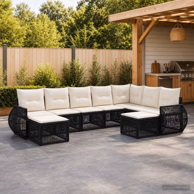 Set Divano da Giardino vidaXL 9 pz Nero con Cuscini e Struttura in Metallo e Polyrattan a Forma a U