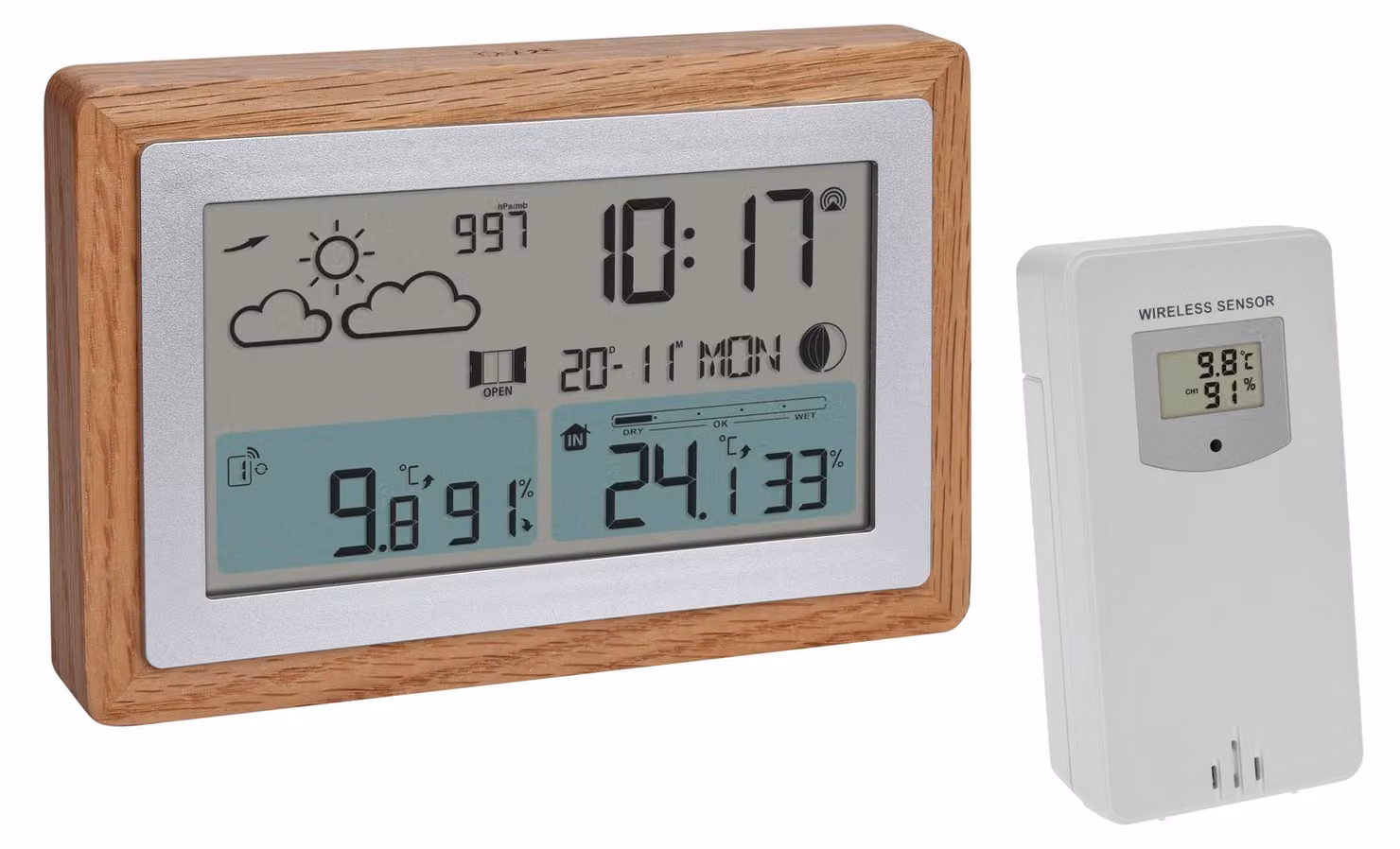 Stazione meteorologica Funk-WAK con sensore esterno, struttura in legno, display della temperatura e sveglia