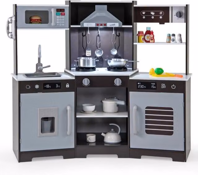 Set di giocattoli in legno cucina da gioco per bambini con cappa, macchina del ghiaccio, lavello e rubinetto, multicolore e marrone