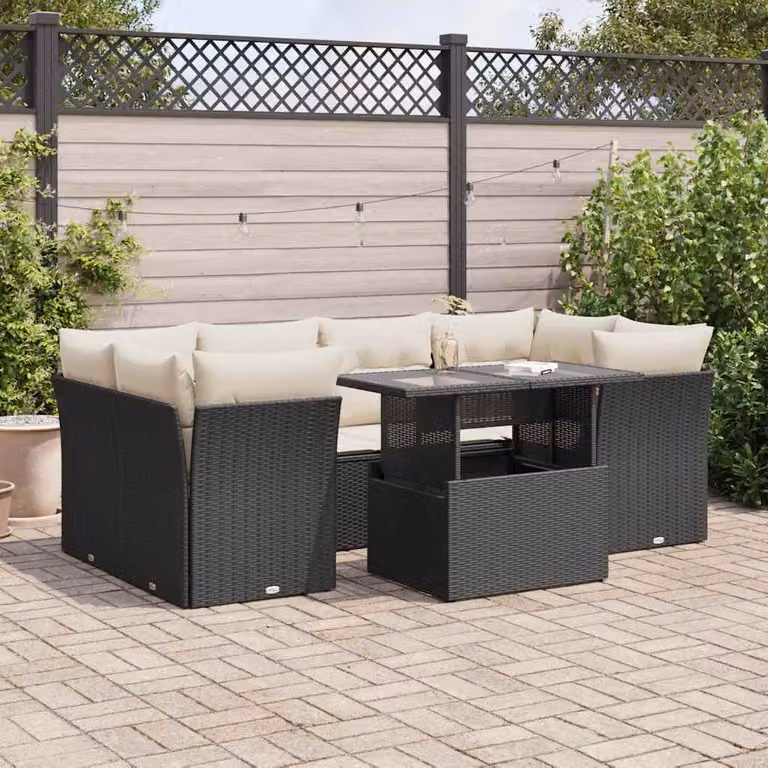 Set Divano da Giardino a L con Tavolino vidaXL, 7 Pezzi, Nero e Bianco, con Cuscini Imbottiti e Struttura in Metallo