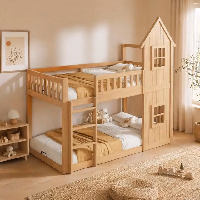 Letto a castello per bambini MIVRAY con struttura a casetta, scala a 3 gradini e protezione perimetrale in legno di pino naturale, colore marrone, L/P/H: 200 x 90 x 160 cm
