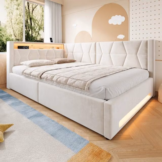 Letto imbottito WISHDOR in velluto beige con contenitore, illuminazione LED e porte USB e Type-C, L/P: 140 x 200 cm
