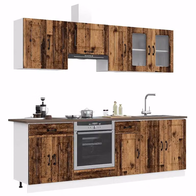 Set di mobili da cucina vidaXL Kalmar composto da 8 pezzi in stile rustico color marrone con ante in vetro e ripiani interni