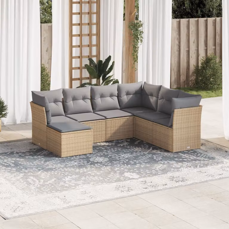 Set di divani da giardino vidaXL in polyrattan 7 pezzi con cuscini beige e struttura in metallo per esterno