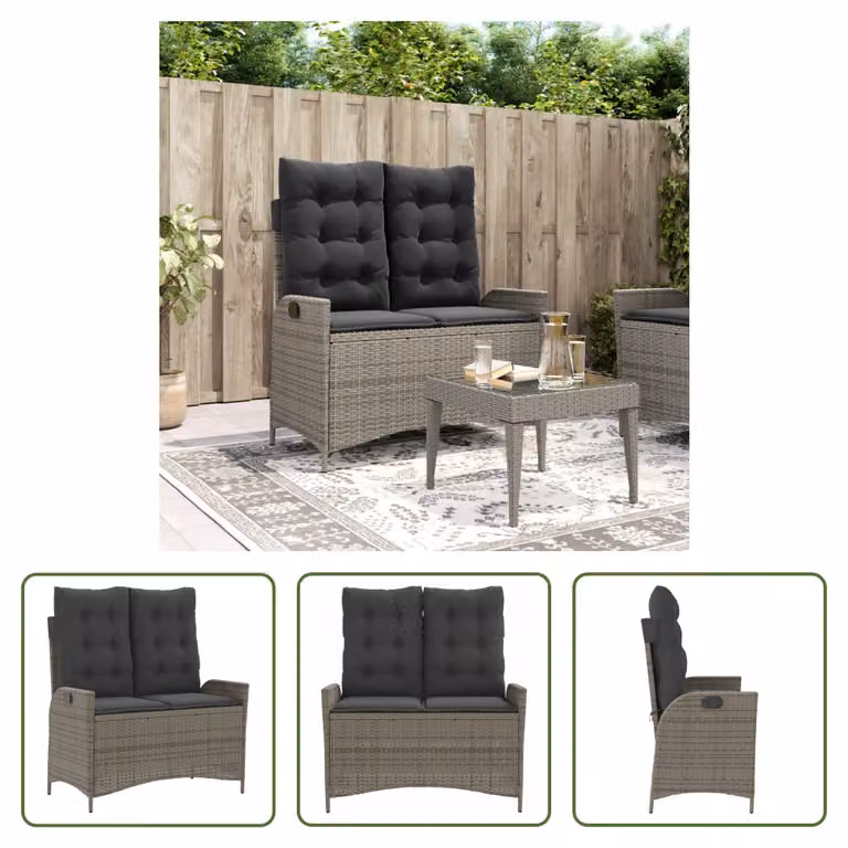 The Living Store Panca da giardino regolabile con cuscini in Poly Rattan grigio
